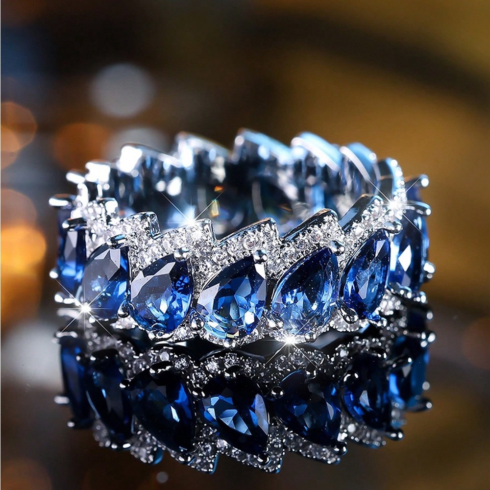 Blue Sapphire Pear Cut Halo Eternity Ring Silver Tone Crystal Band